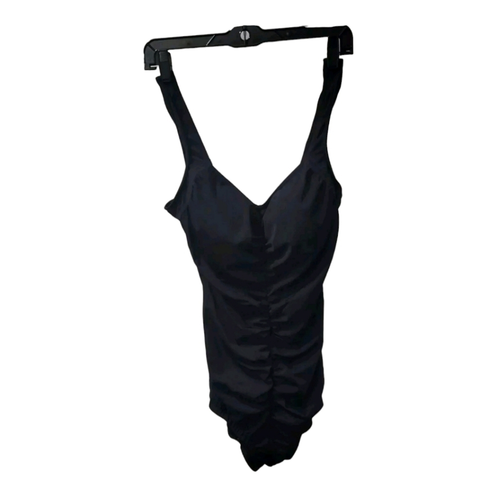 LE COVE Black One Piece Rouched Design Front Swimsuit Women's Size16‎